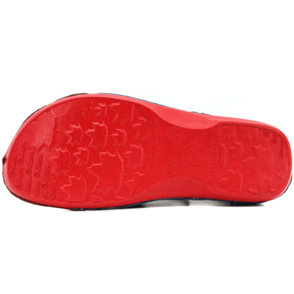 Sandália Bem-Estar Ortopédica em Couro Legítimo - Azul /Vermelho - Sola Vermelha (BE004)