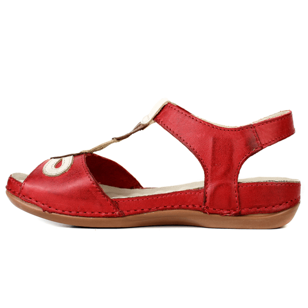 Sandália Bem-Estar Ortopédica em Couro Legítimo - Vermelho /Off /Castanho - Sola Castanho (BE004) 
