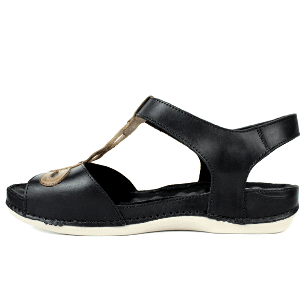 Sandália Bem-Estar Ortopédica em Couro Legítimo - Preto/Castanho/Off White - Sola Off (BE004) 