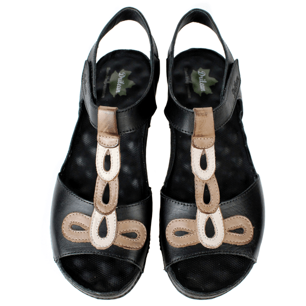 Sandália Bem-Estar Ortopédica em Couro Legítimo - Preto/Castanho/Off White - Sola Off (BE004) 