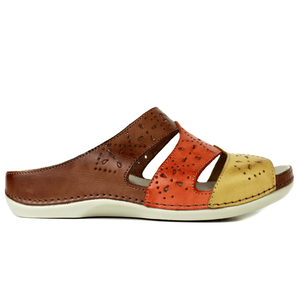 Sandália Bem-Estar Ortopédico em Couro Legítimo - Castanho /Coral /Amarelo - Sola Off (BE005)