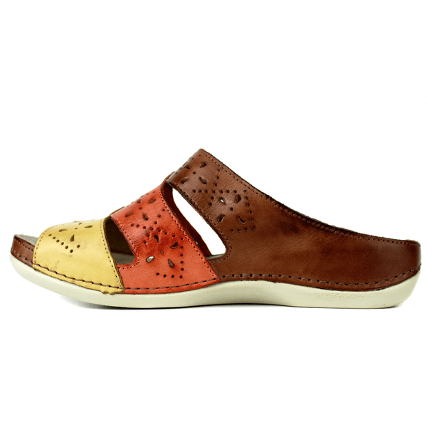 Sandália Bem-Estar Ortopédico em Couro Legítimo - Castanho /Coral /Amarelo - Sola Off (BE005)