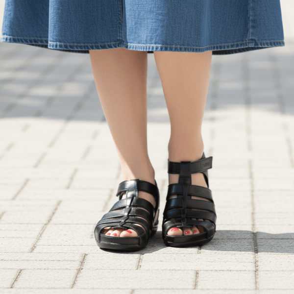 Sandália Bem-Estar Ortopédica em Couro Legítimo - Preto - Sola Preta (BE013) 