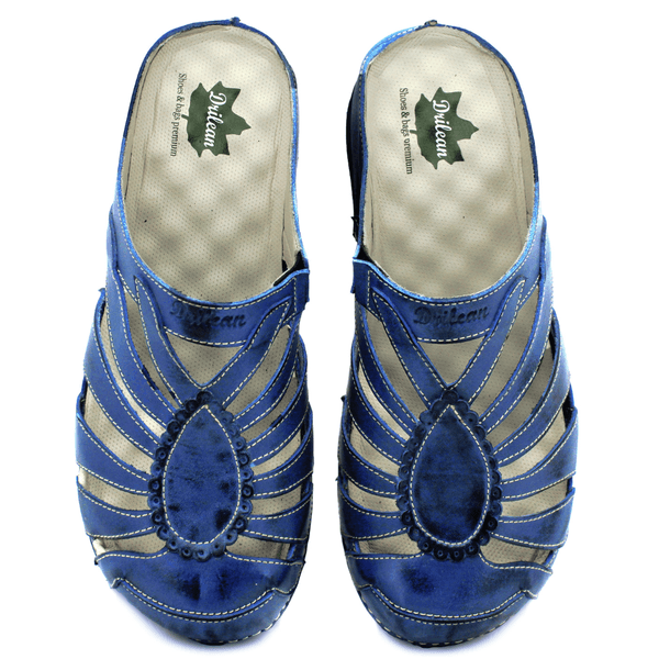 Mule Ortopédico de Couro Legítimo com Palmilha GEL - Azul - Sola Preta (BE020) 37 OUTLET