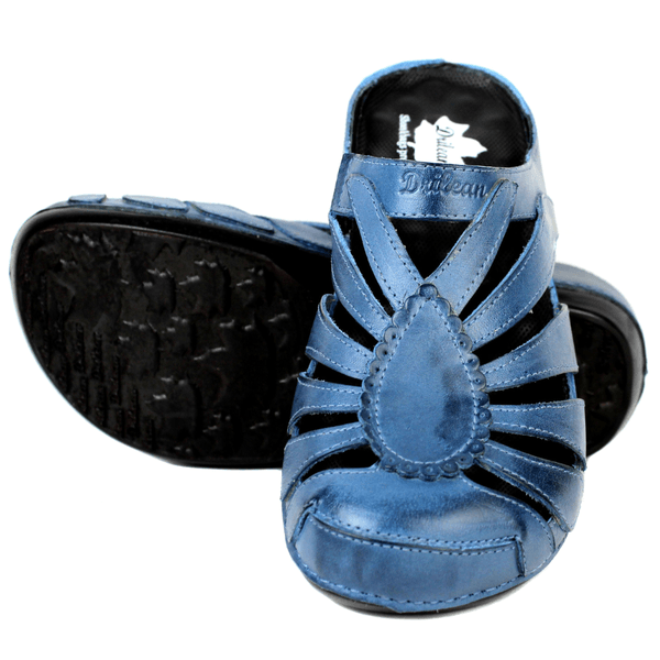 Mule Ortopédico de Couro Legítimo com Palmilha GEL - Azul - Sola Preta (BE020)