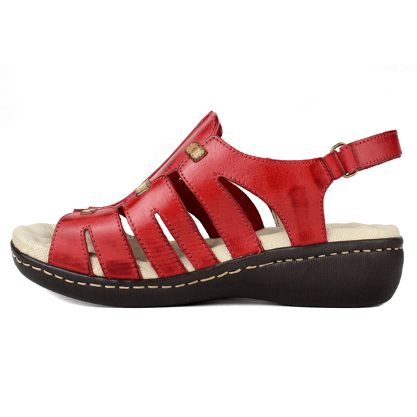 Sandália Feminina Anatômica em Couro Legítimo e Palmilha Gel - Vermelho - Caramelo - Sola Café (MA003)