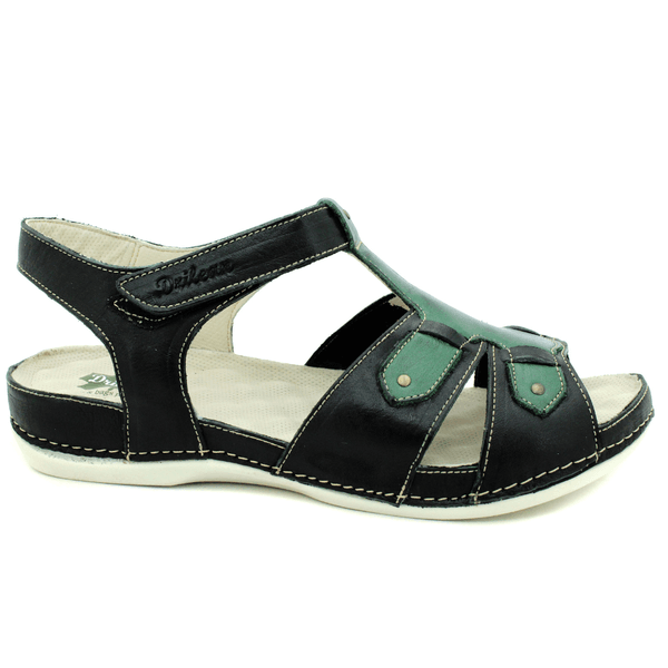 Sandália Bem-Estar Ortopédica em Couro Legítimo - Preto - Verde - Sola Off (BE021)