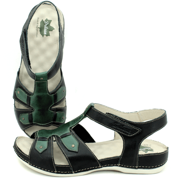 Sandália Bem-Estar Ortopédica em Couro Legítimo - Preto - Verde - Sola Off (BE021)