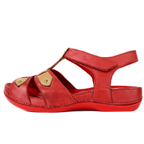 Sandália Bem-Estar Ortopédica em Couro Legítimo - Vermelho /Caramelo - Sola Vermelha (BE021) 