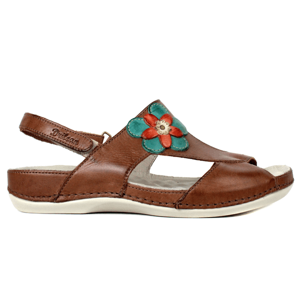Sandália Feminina Ortopédica de Couro Legítimo - Castanho/Oceano/Coral - Sola Off (BE023)