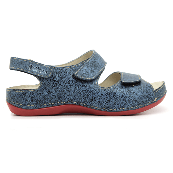 Sandália Bem-Estar Ortopédica em Couro Legítimo - Bicolor Azul Com Sola Vermelha (BE030)