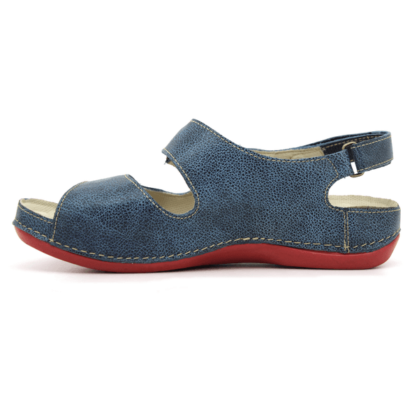 Sandália Bem-Estar Ortopédica em Couro Legítimo - Bicolor Azul Com Sola Vermelha (BE030)