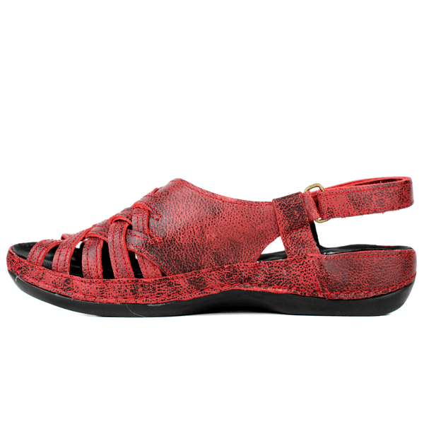 Sandália Bem-Estar Ortopédica em Couro Legítimo - Bicolor Vermelho - Sola Preta (BE031) 