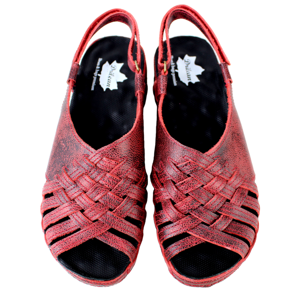 Sandália Bem-Estar Ortopédica em Couro Legítimo - Bicolor Vermelho - Sola Preta (BE031) 