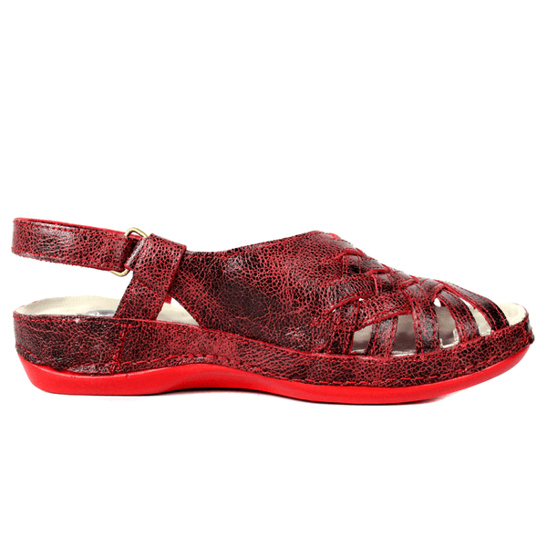 Sandália Bem-Estar Ortopédica em Couro Legítimo - Bicolor Vermelho - Sola Vermelha (BE031) 