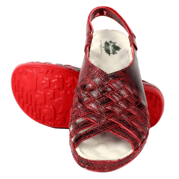 Sandália Bem-Estar Ortopédica em Couro Legítimo - Bicolor Vermelho - Sola Vermelha (BE031) 