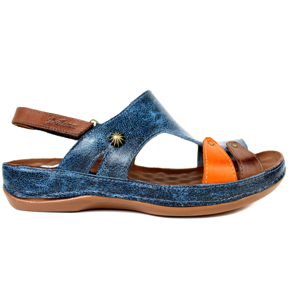 Sandália Bem-Estar Ortopédica em Couro Legítimo - Bicolor Azul - Castanho - Abóbora - Sola Castanho (BE038)