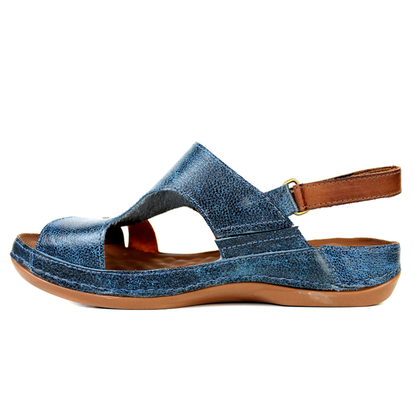 Sandália Bem-Estar Ortopédica em Couro Legítimo - Bicolor Azul - Castanho - Abóbora - Sola Castanho (BE038)