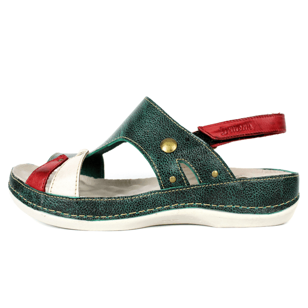 Sandália Bem-Estar Ortopédica em Couro Legítimo - Bicolor Verde/Vermelho/Off - Sola Off (BE038)