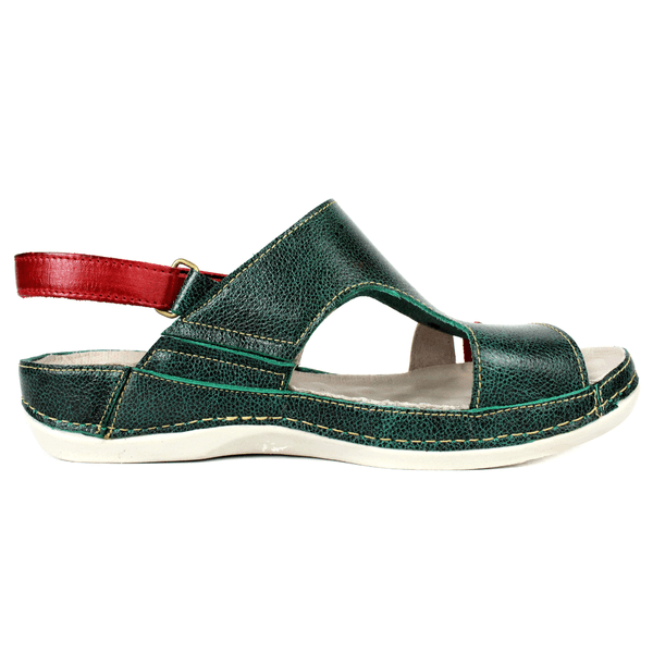 Sandália Bem-Estar Ortopédica em Couro Legítimo - Bicolor Verde/Vermelho/Off - Sola Off (BE038)