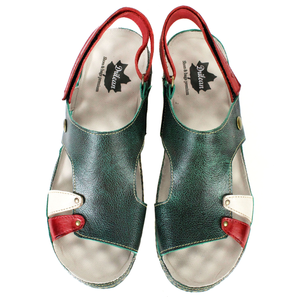 Sandália Bem-Estar Ortopédica em Couro Legítimo - Bicolor Verde/Vermelho/Off - Sola Off (BE038)