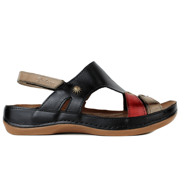 Sandália Bem-Estar Ortopédica em Couro Legítimo - Preto /Fendi /Vermelho - Sola Castanho (BE038) 