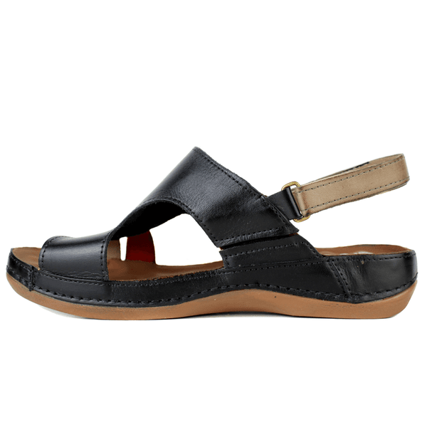 Sandália Bem-Estar Ortopédica em Couro Legítimo - Preto /Fendi /Vermelho - Sola Castanho (BE038) 
