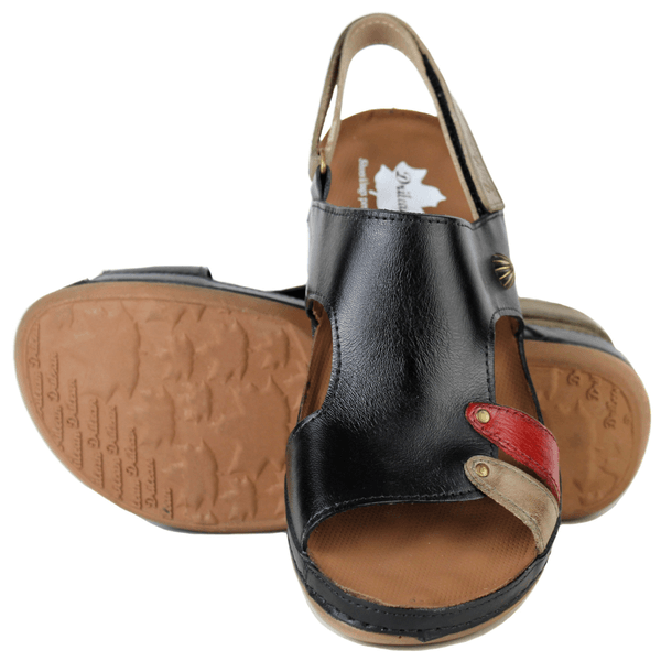 Sandália Bem-Estar Ortopédica em Couro Legítimo - Preto /Fendi /Vermelho - Sola Castanho (BE038) 