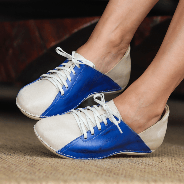 Tênis Bem-Estar Ortopédico em Couro Legítimo - Off White/Royal - Sola Off (BE040)