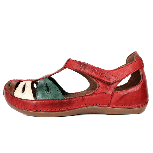 Sapatilha Bem-Estar Ortopédica em Couro Legítimo - Vermelho/Verde/Off/Castanho - Sola Castanho (BE043) 