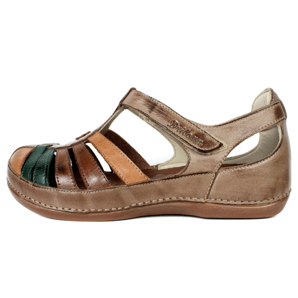 Sapatilha Bem-Estar Ortopédica em Couro Legítimo - Fendi/Laranja/Castanho/Verde - Sola Castanho (BE044)