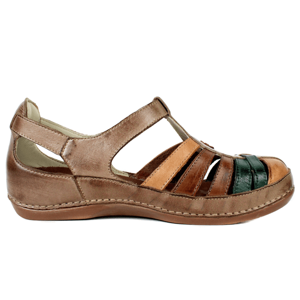 Sapatilha Bem-Estar Ortopédica em Couro Legítimo - Fendi/Laranja/Castanho/Verde - Sola Castanho (BE044)