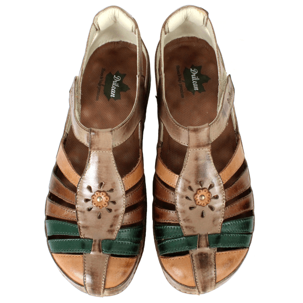 Sapatilha Bem-Estar Ortopédica em Couro Legítimo - Fendi/Laranja/Castanho/Verde - Sola Castanho (BE044)