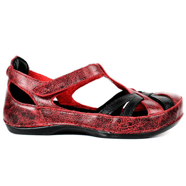 Sapatilha Bem-Estar Ortopédica em Couro Legítimo - Bicolor Vermelho/Preto - Sola Preta (BE046)