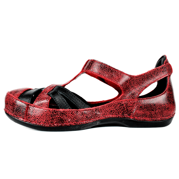 Sapatilha Bem-Estar Ortopédica em Couro Legítimo - Bicolor Vermelho/Preto - Sola Preta (BE046)