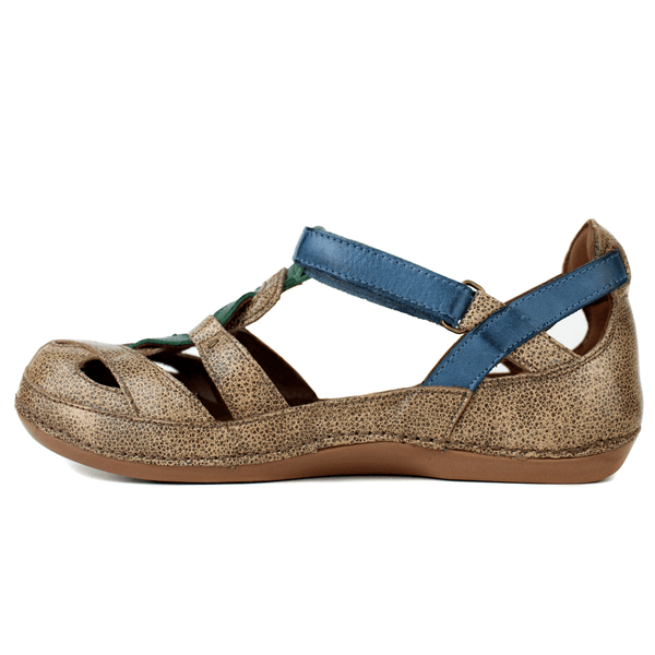 Sapatilha Bem-Estar Ortopédica em Couro Legítimo - Bic.Fendi /Azul /Verde - Sola Castanho (BE047)