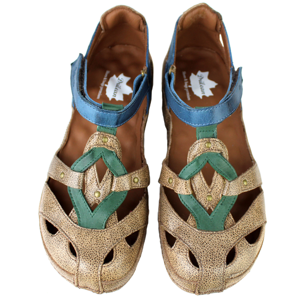 Sapatilha Bem-Estar Ortopédica em Couro Legítimo - Bic.Fendi /Azul /Verde - Sola Castanho (BE047)