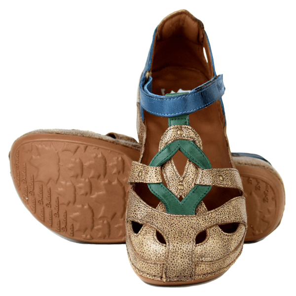 Sapatilha Bem-Estar Ortopédica em Couro Legítimo - Bic.Fendi /Azul /Verde - Sola Castanho (BE047)