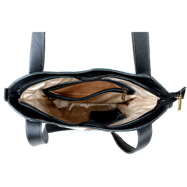 Bolsa 100% em couro legítimo - Preto/Off White/Café (BM021) 