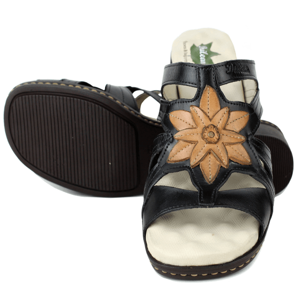 Sandália Feminina de Salto em Couro Legítimo e Palmilha em Gel - Preto/Laranja (BR010)