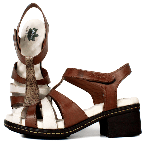 Sandália Feminina de Salto em Couro Legítimo e Palmilha em Gel - Castanho/Off/Bicolor Fendi (BR052) 