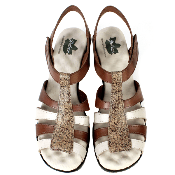 Sandália Feminina de Salto em Couro Legítimo e Palmilha em Gel - Castanho/Off/Bicolor Fendi (BR052) 