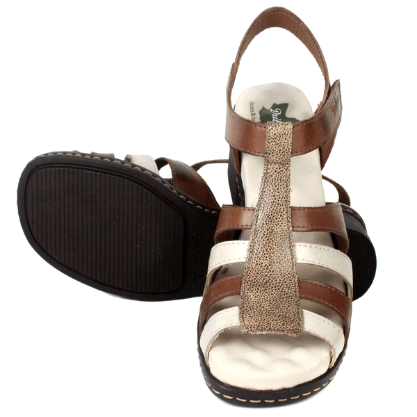 Sandália Feminina de Salto em Couro Legítimo e Palmilha em Gel - Castanho/Off/Bicolor Fendi (BR052) 