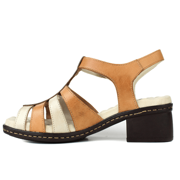 Sandália Feminina de Salto em Couro Legítimo e Palmilha em Gel - Laranja/ Off /Castanho (BR052)