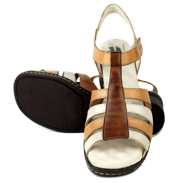 Sandália Feminina de Salto em Couro Legítimo e Palmilha em Gel - Laranja/ Off /Castanho (BR052)