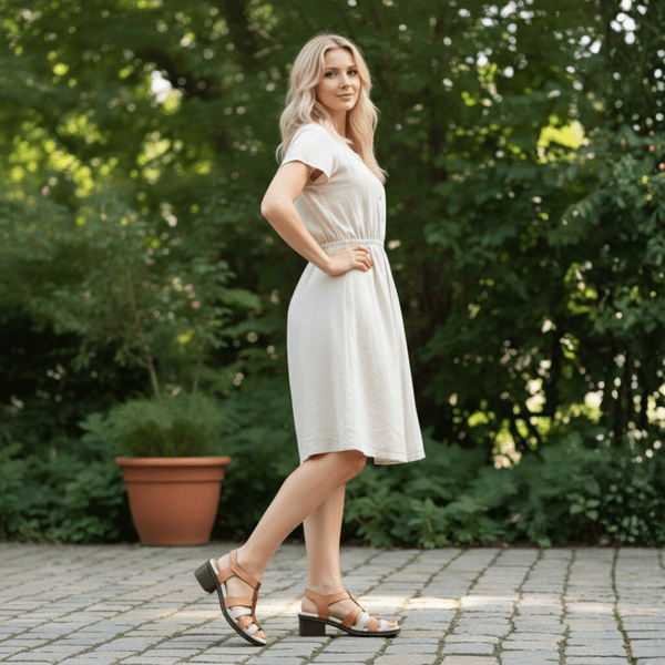 Sandália Feminina de Salto em Couro Legítimo e Palmilha em Gel - Laranja/ Off /Castanho (BR052)