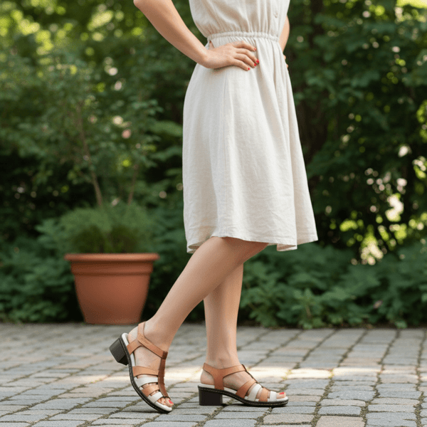 Sandália Feminina de Salto em Couro Legítimo e Palmilha em Gel - Laranja/ Off /Castanho (BR052)