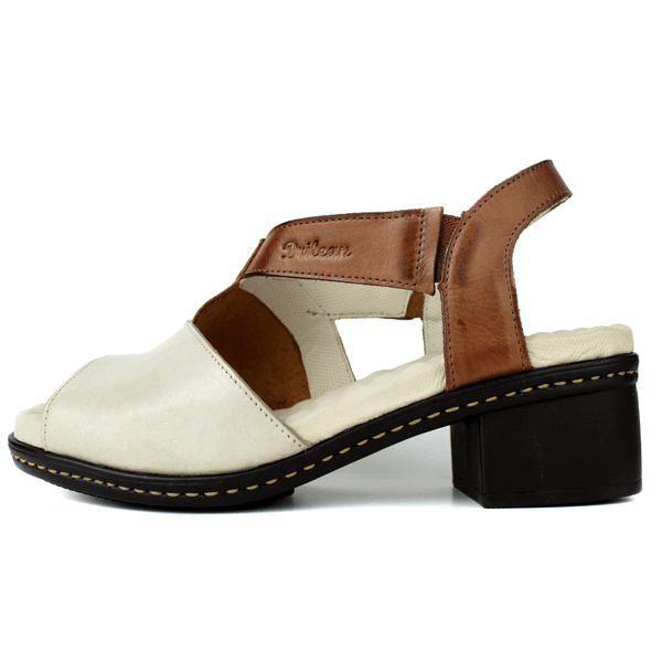 Sandália Feminina de Salto em Couro Legítimo e Palmilha em Gel - Castanho /Caramelo /Off (BR053) 