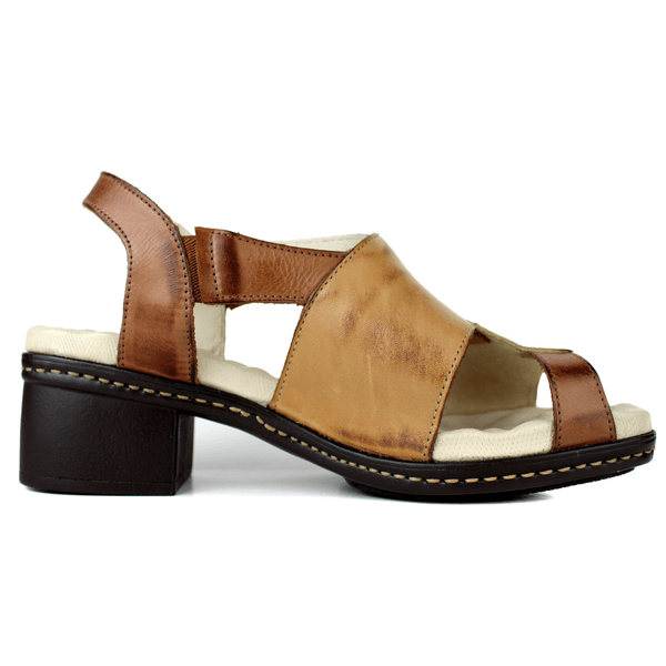 Sandália Feminina de Salto em Couro Legítimo e Palmilha em Gel - Castanho /Caramelo /Off (BR053) 
