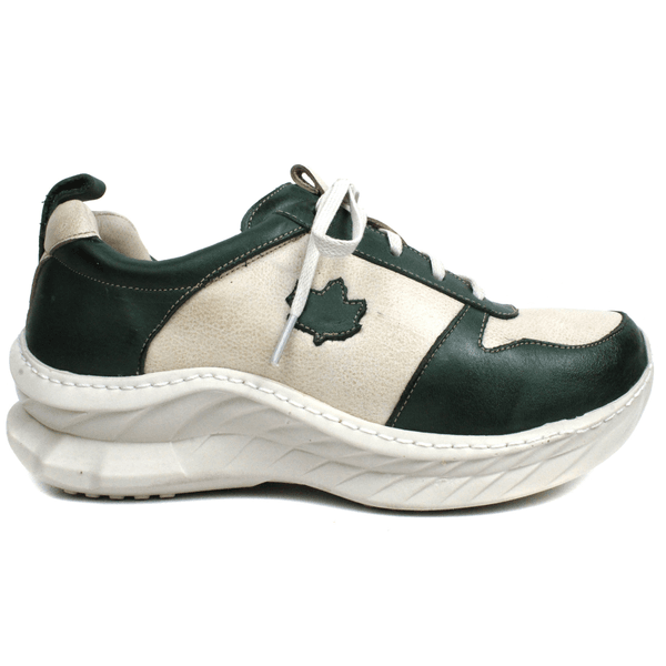 Tênis Feminino em Couro Legítimo com Palmilha em Gel - Bicolor Off/Verde - Sola Off (CAF001)